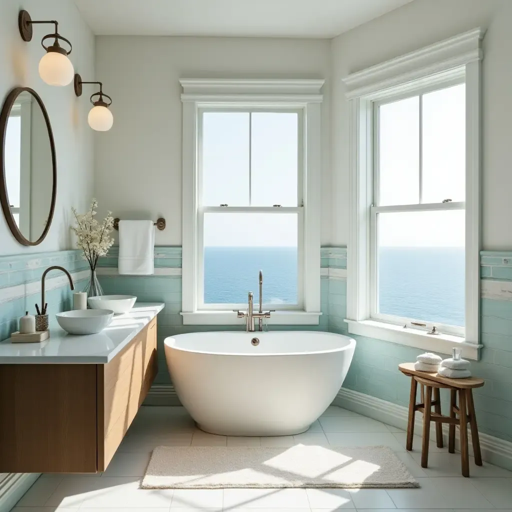 a photo of a coastal-themed bathroom with ocean colors and natural materials