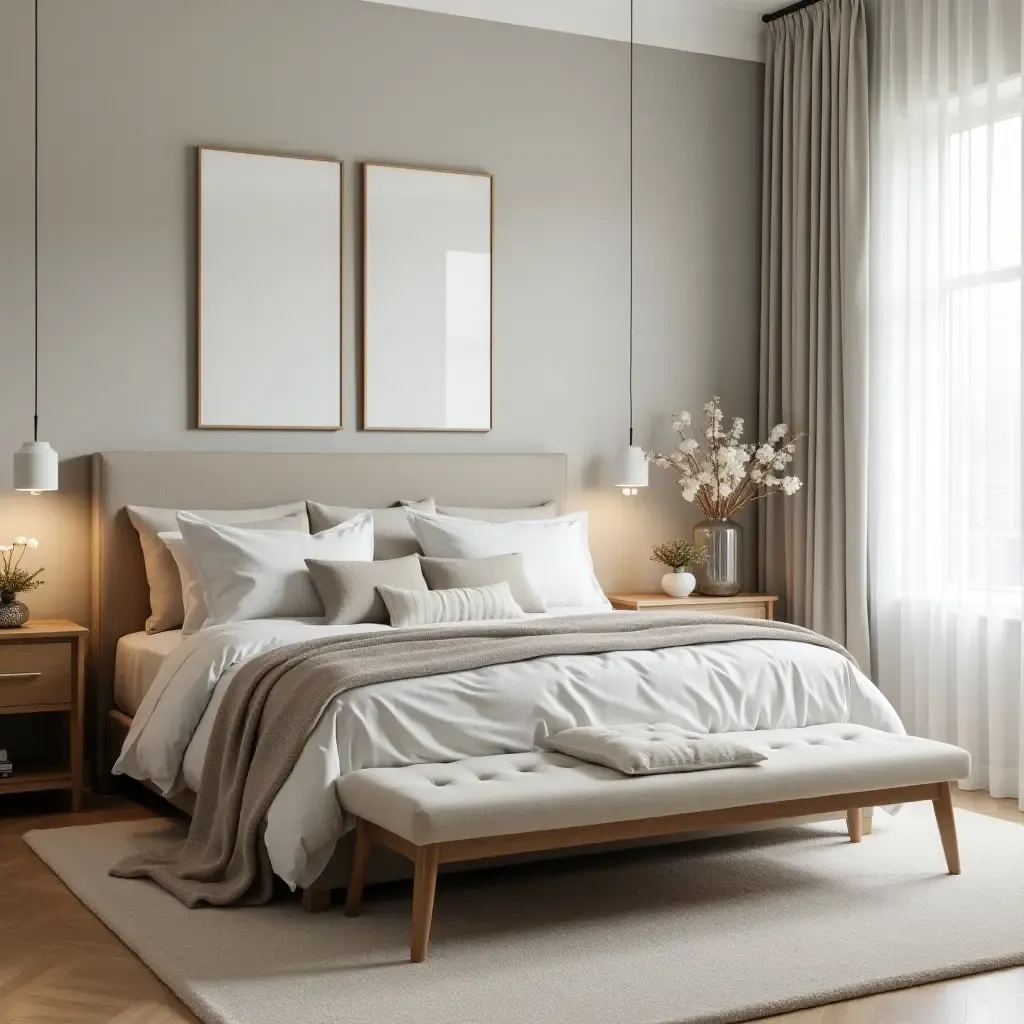 a photo of a chic bedroom with a stylish storage bench