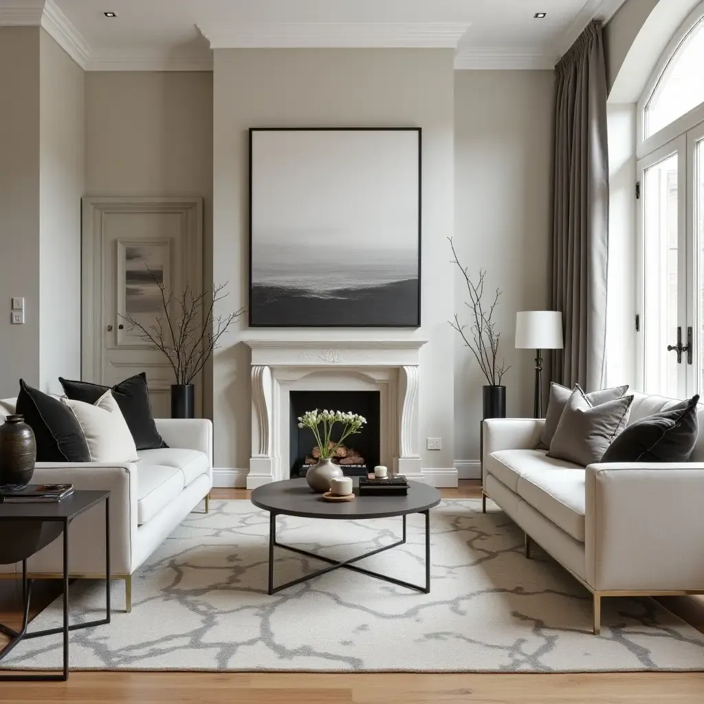 a photo of a sophisticated living room with chrome metallic furniture legs