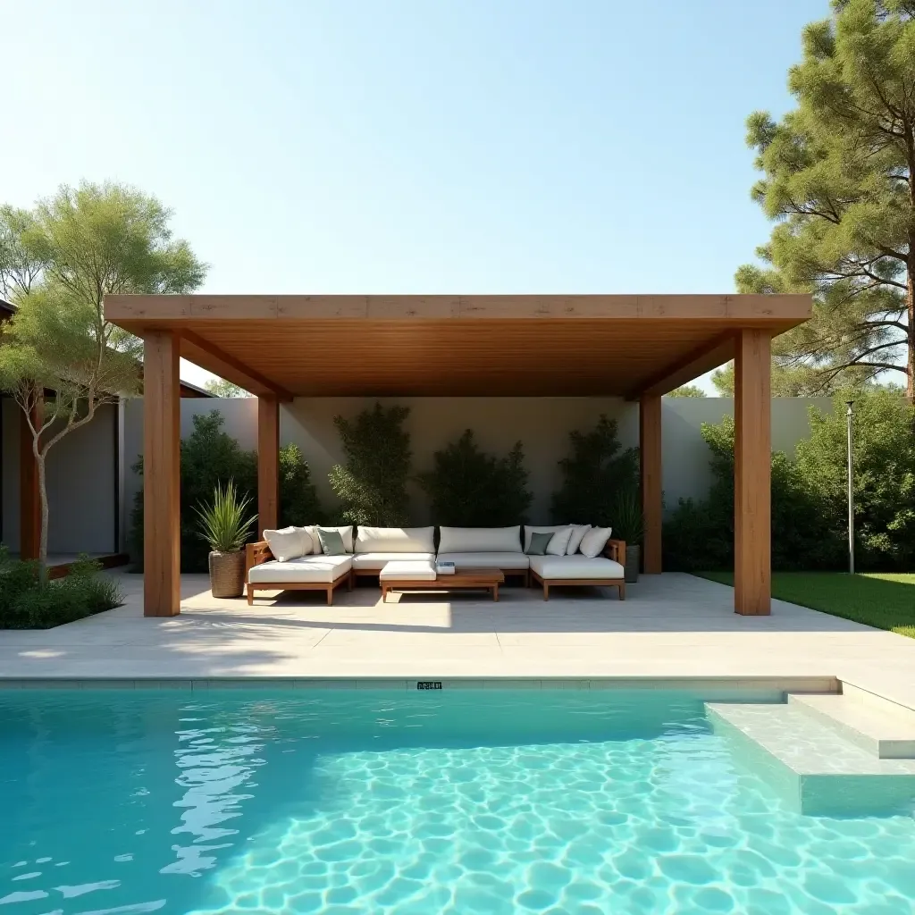 a photo of a wooden shade structure over a poolside lounge area