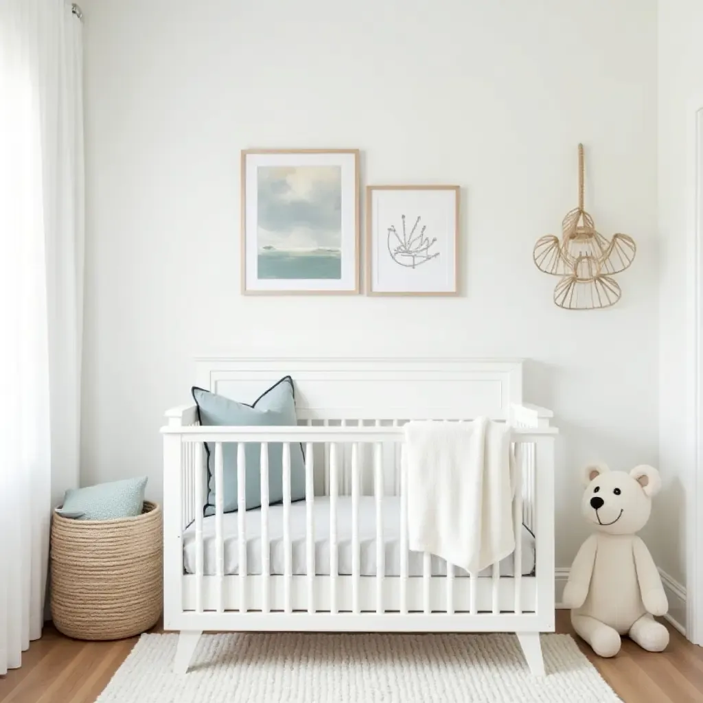 a photo of a nursery adorned with seashells and marine-themed wall art