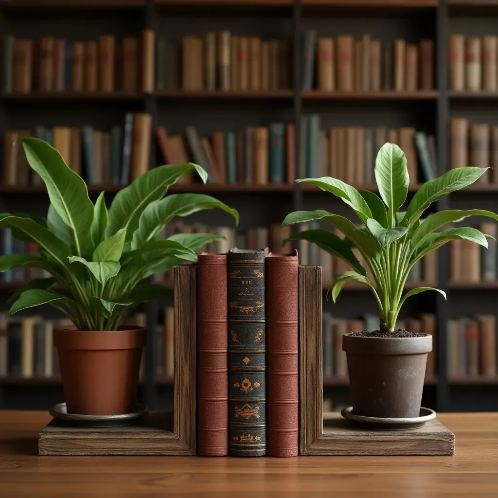 a photo of a library with plants in vintage bookends