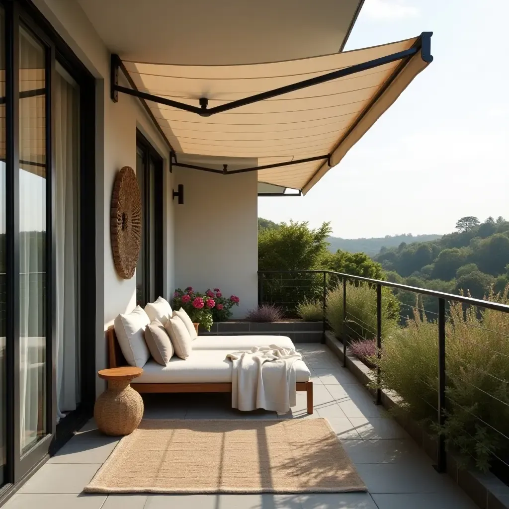 a photo of a balcony with a retractable awning and cozy setup