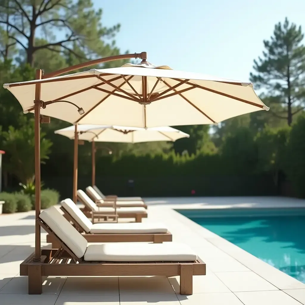 a photo of an elegant vintage umbrella shading a poolside lounge