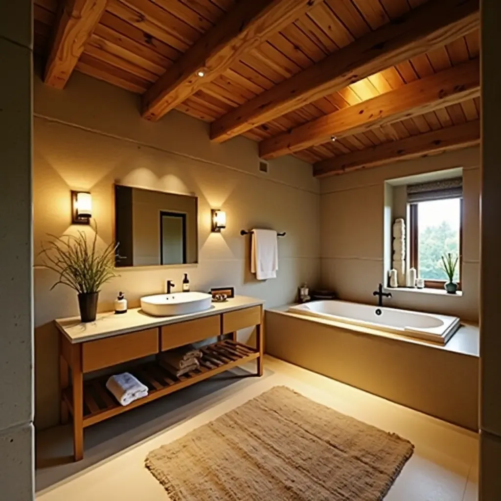 a photo of a bathroom with a wood-beamed ceiling and cozy lighting