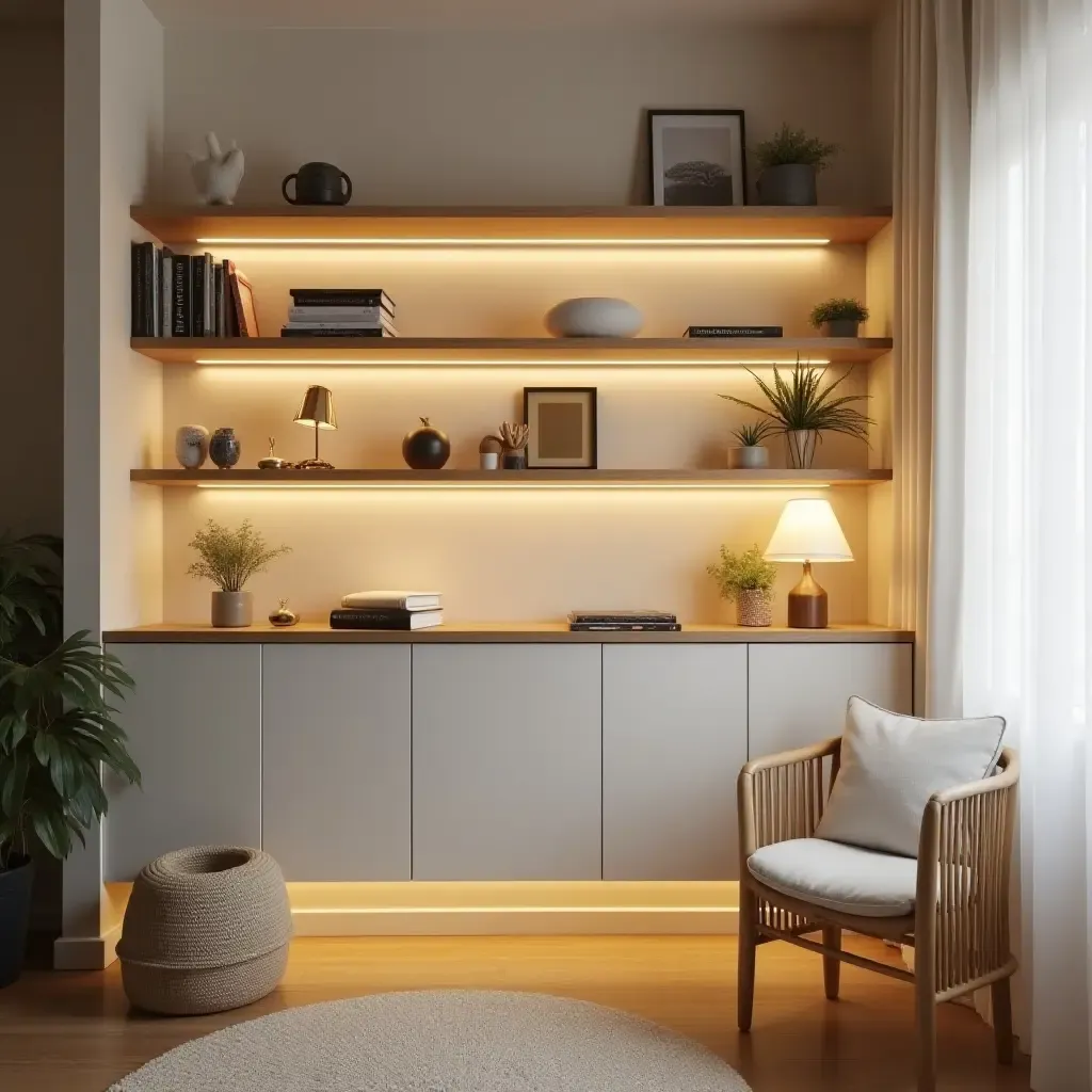 a photo of a nursery shelf with integrated lighting for a cozy ambiance