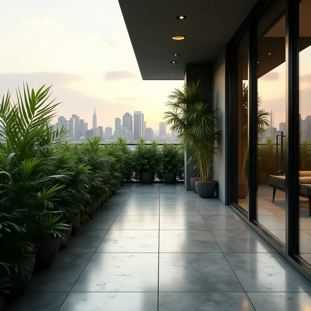 a photo of a balcony with metallic floor tiles and lush greenery