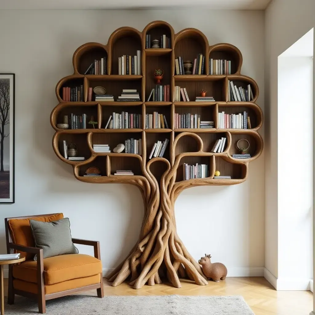 a photo of a creative bookshelf shaped like a tree in a home library