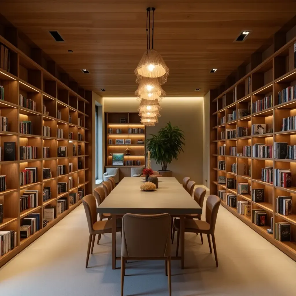 a photo of a library with pendant lights made from natural materials