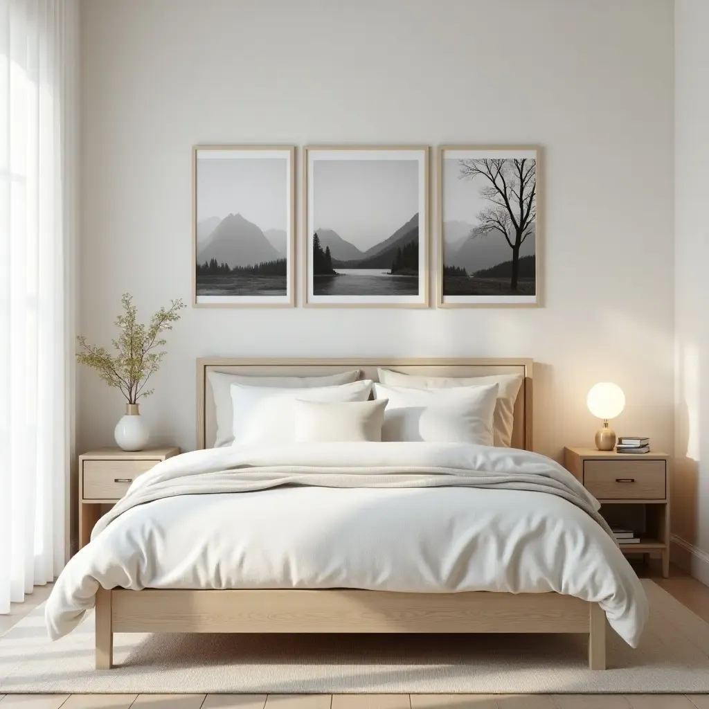 a photo of a serene bedroom with a gallery wall of calming nature landscapes