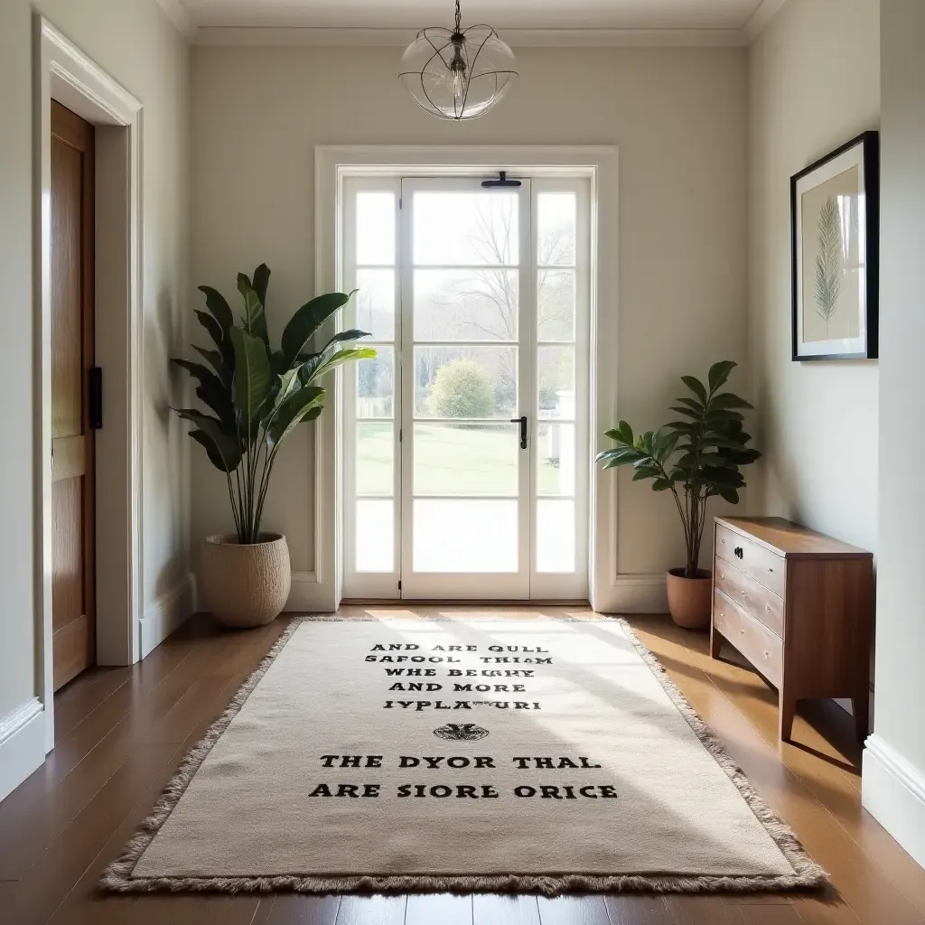 a photo of a statement rug with an inspirational quote in an entrance hall