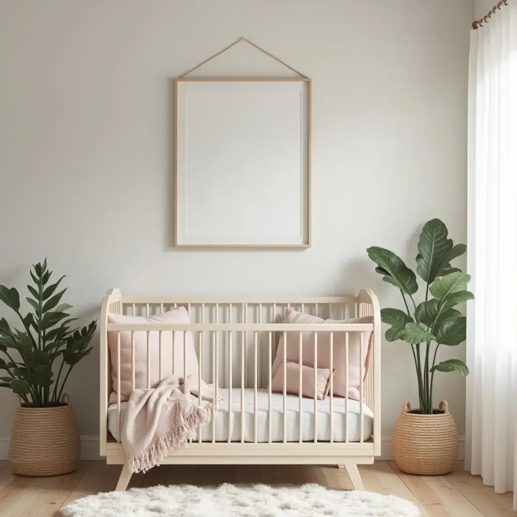 a photo of a nursery featuring throw pillows that match the wall decor