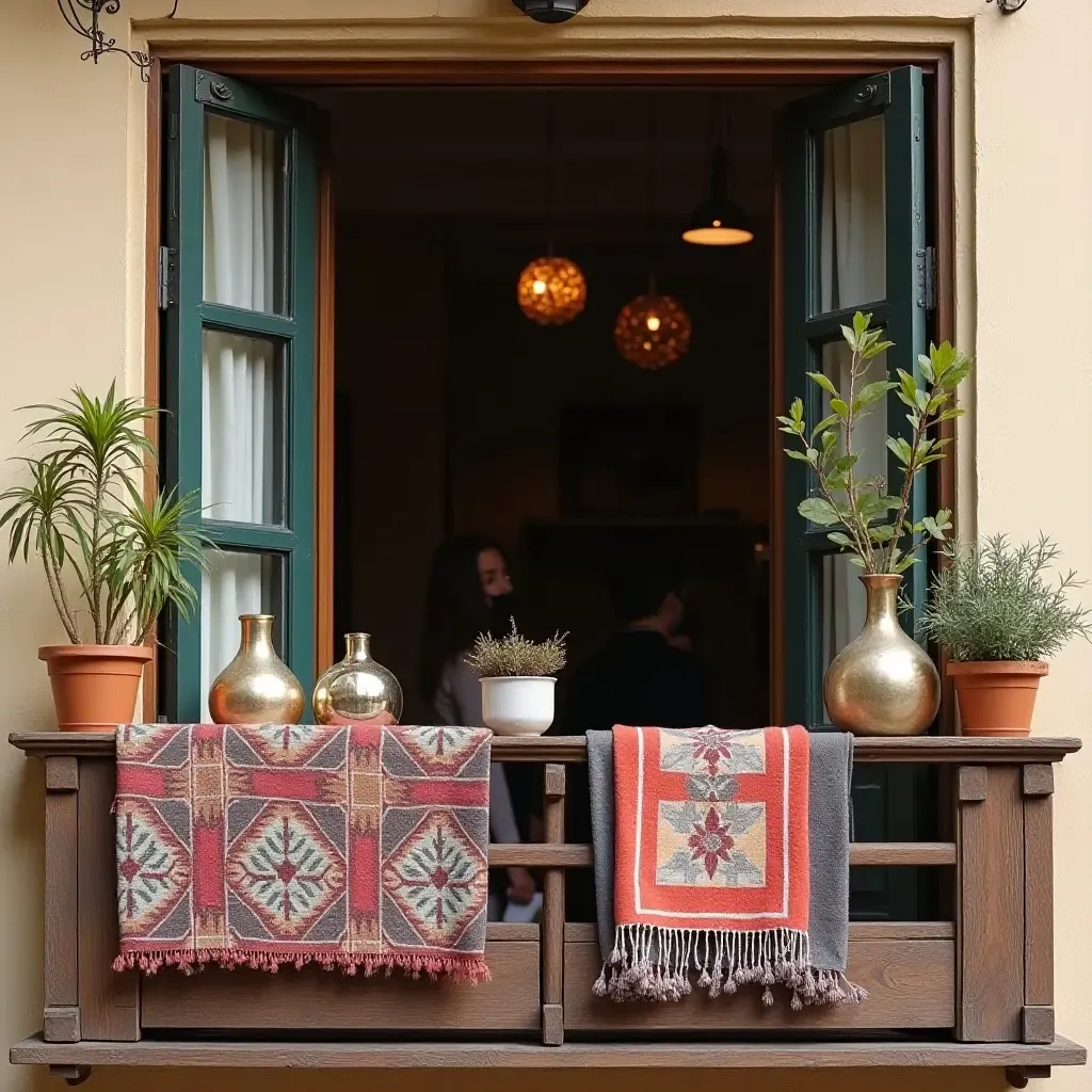 a photo of a bohemian balcony adorned with metallic trinkets and textiles