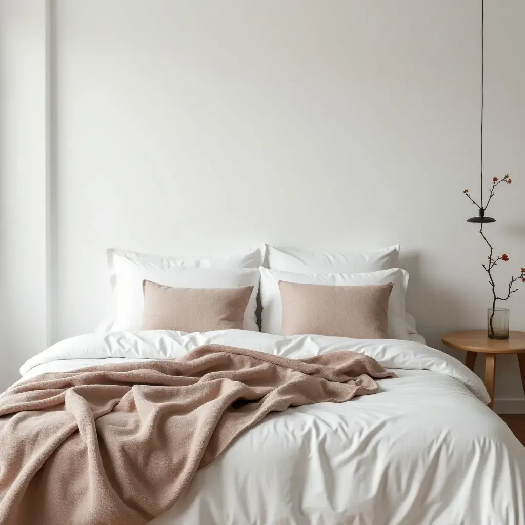 a photo of a cozy minimalist bedroom with a soft throw blanket and pillows