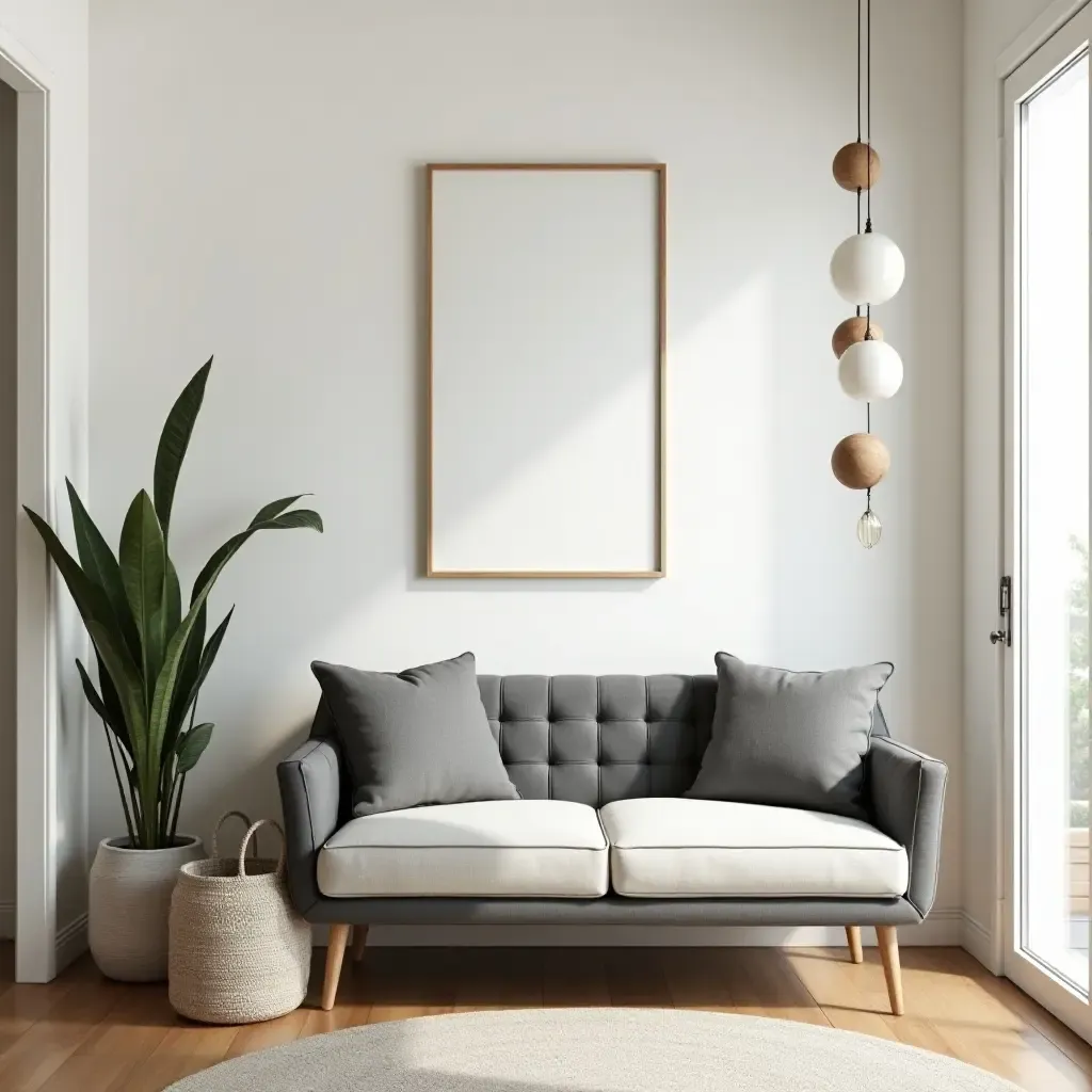 a photo of a chic entryway featuring a stylish loveseat and decorative plants