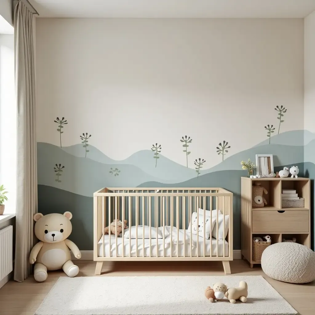 a photo of a nursery with a wall mural and multifunctional storage