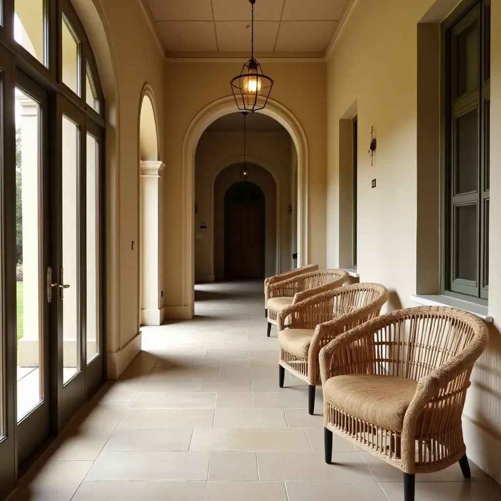 a photo of a cozy corridor featuring a set of wicker chairs