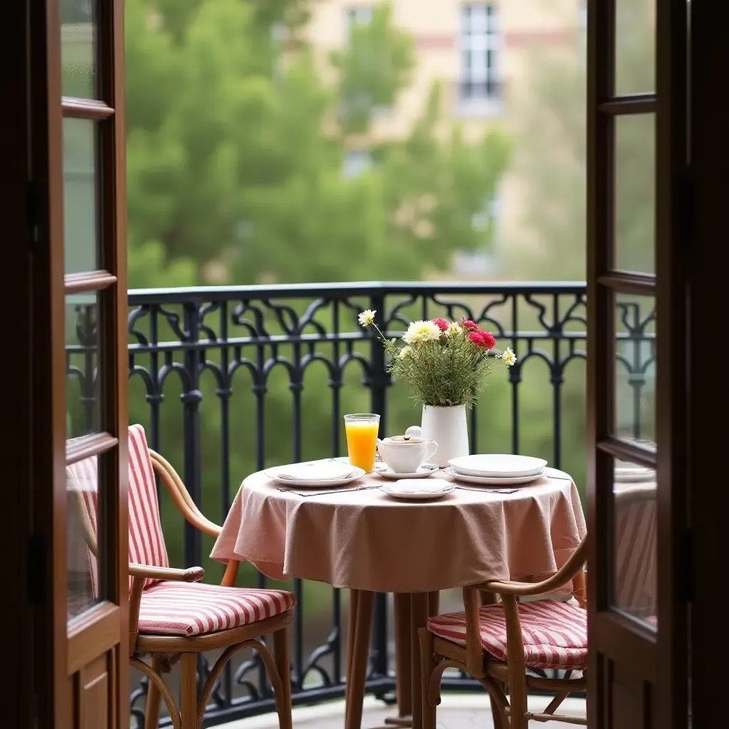 a photo of a balcony with a vintage table set for breakfast