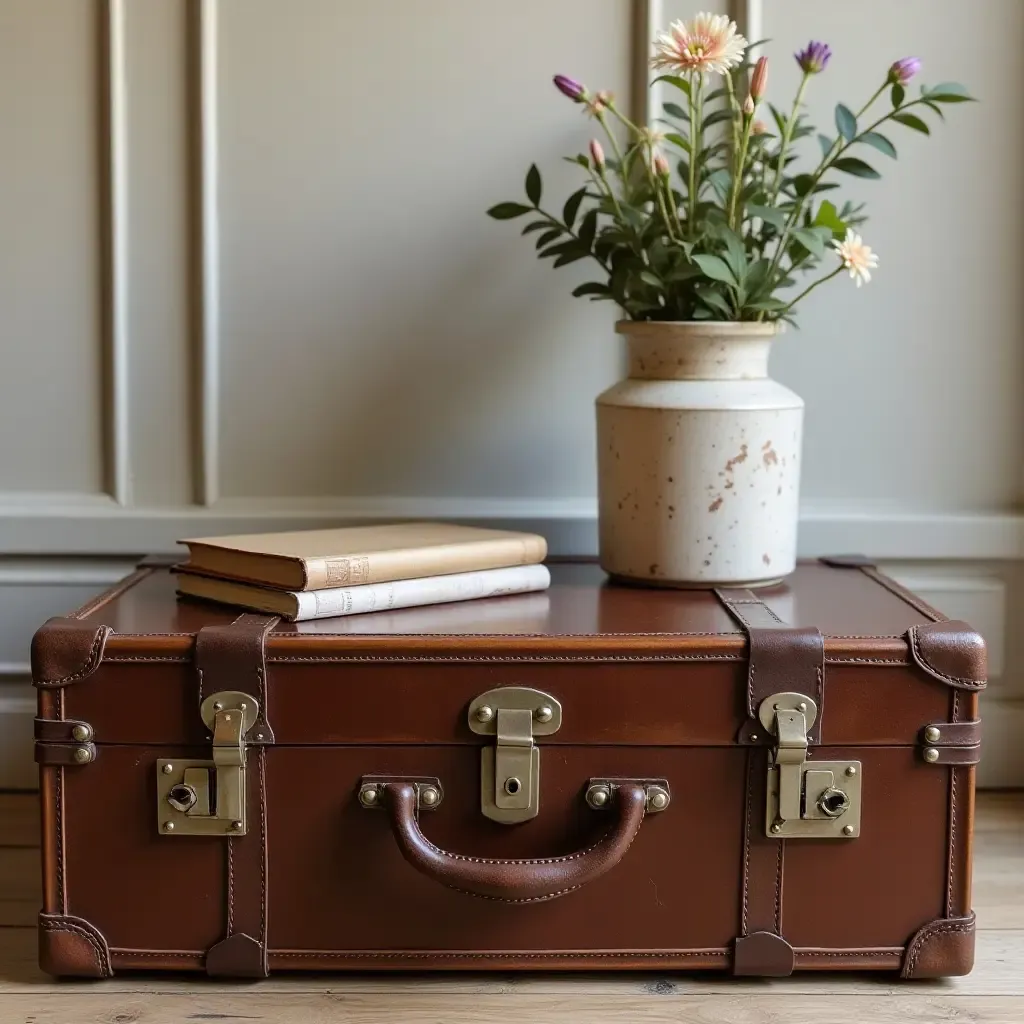 a photo of a vintage suitcase used as a decorative table