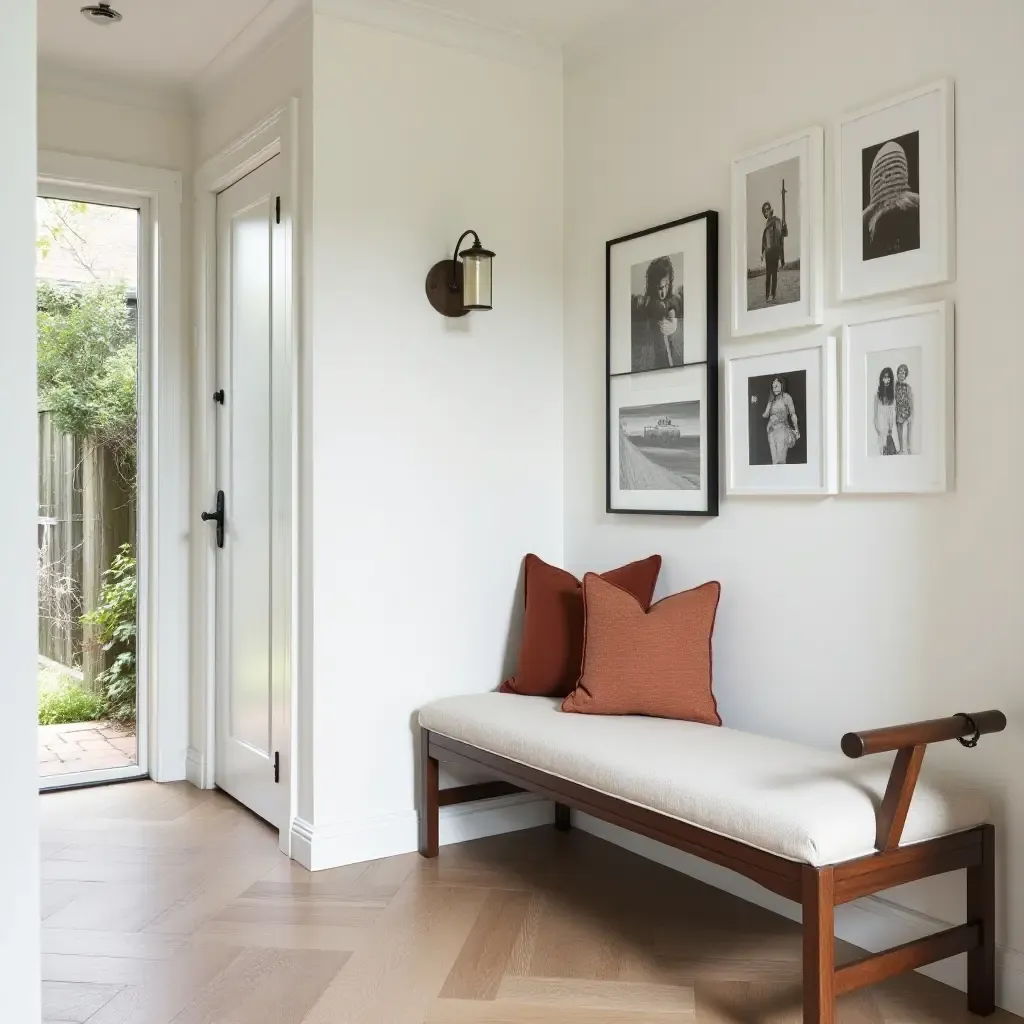 a photo of a stylish hallway with a bench, cushions, and a gallery wall