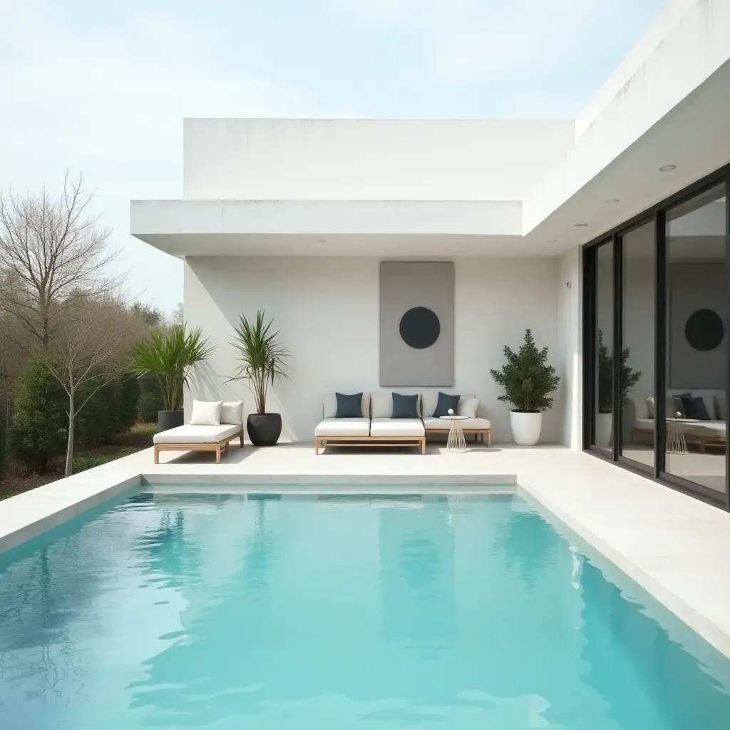 a photo of a modern Scandinavian pool area with sleek furniture and light colors