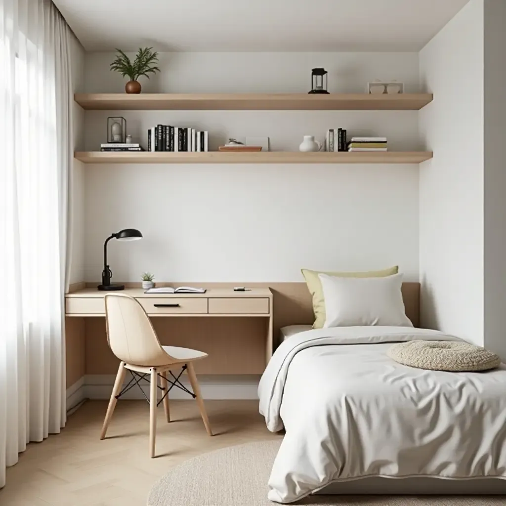 a photo of a minimalist shared bedroom with a foldable desk and wall-mounted shelves