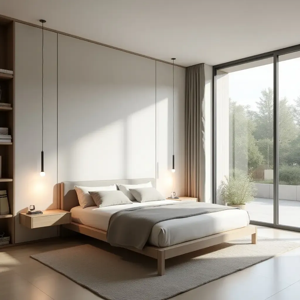 a photo of a minimalist bedroom with built-in storage and a large window