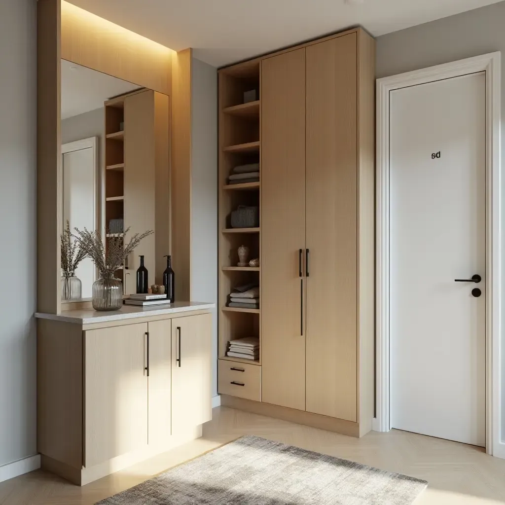 a photo of an entrance hall with vertical storage and mirrors