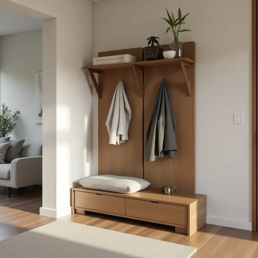 a photo of a small entrance hall utilizing space-saving furniture and clever storage solutions