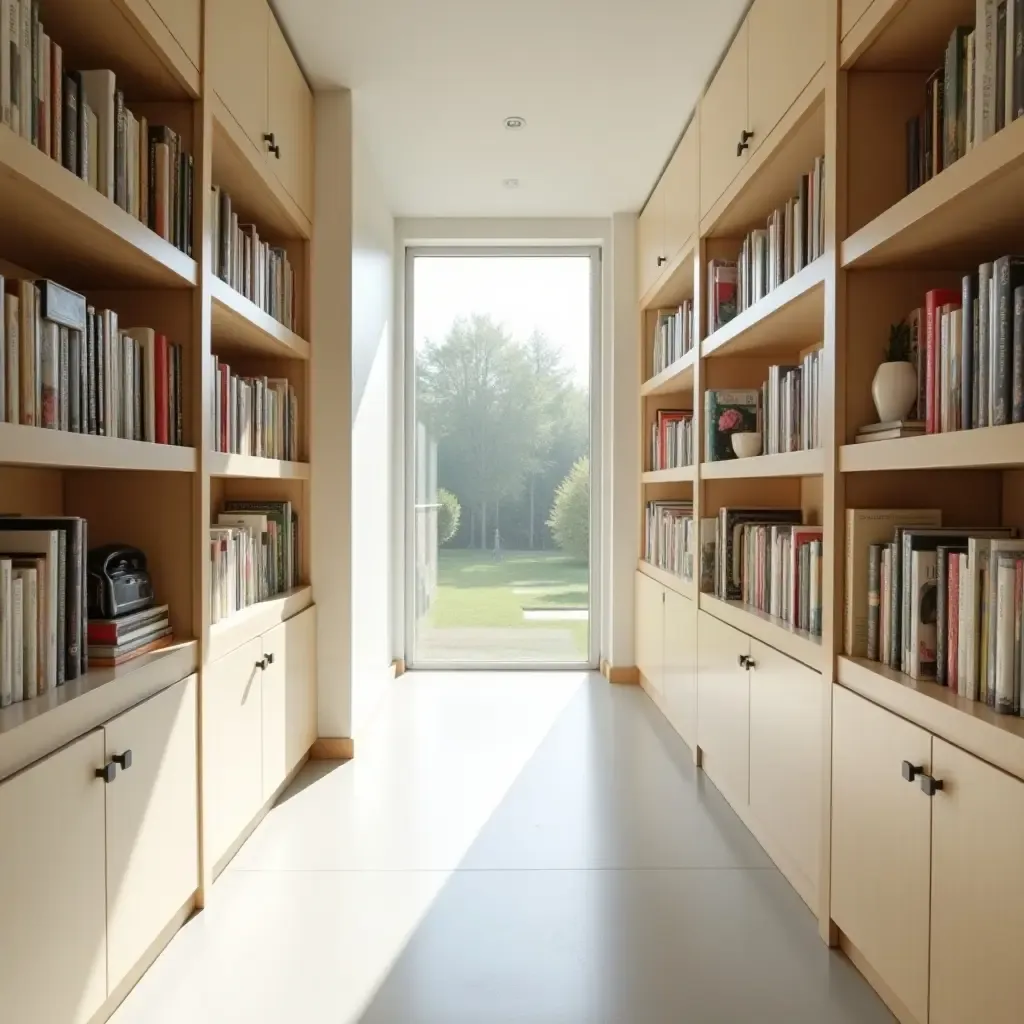 a photo of a bright corridor with open shelving and organized books