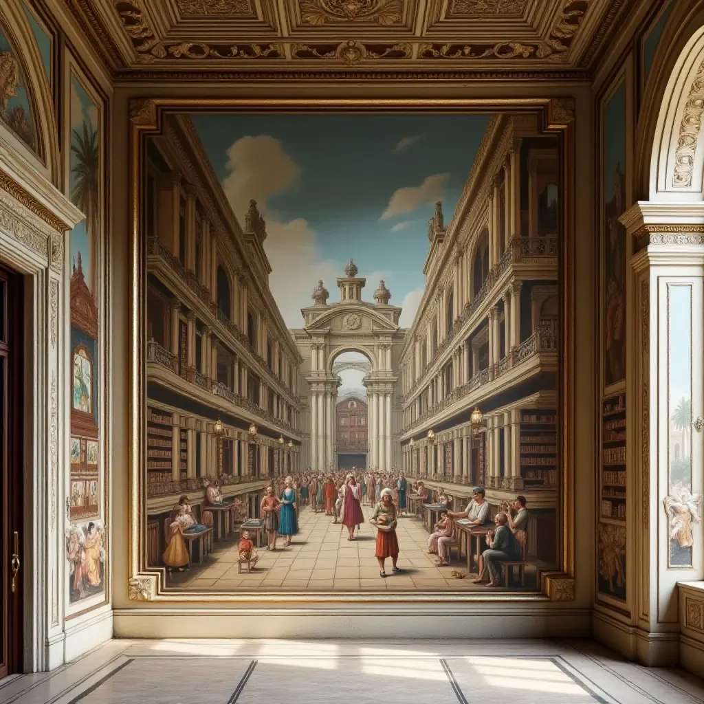 a photo of a mural depicting a famous library from history