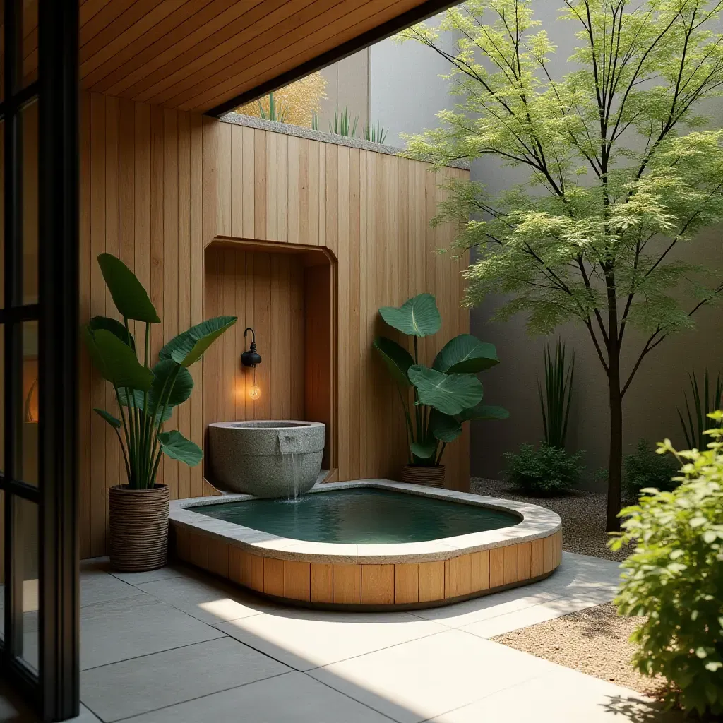 a photo of a balcony with a wooden fountain and tranquil vibes