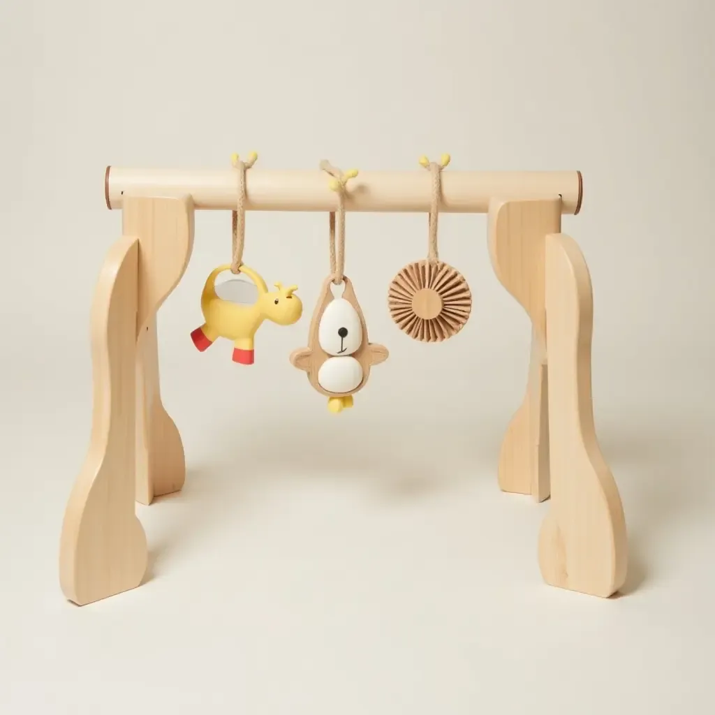 a photo of a wooden baby gym with hanging toys