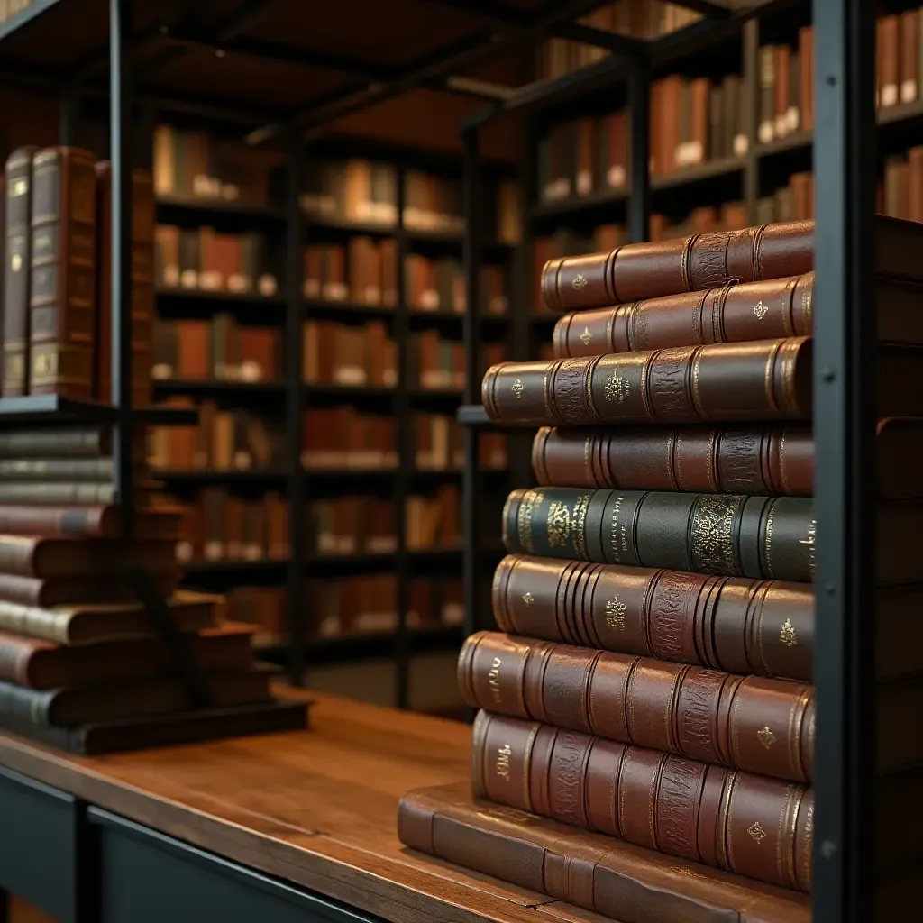 a photo of a library featuring leather-bound books and metal shelving units