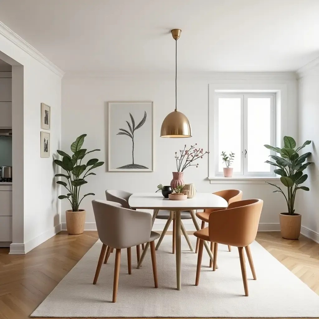 a photo of a bright basement dining area with Scandinavian-inspired furniture and decor