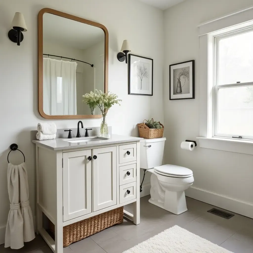 a photo of a quaint bathroom featuring a farmhouse-inspired vanity and decor