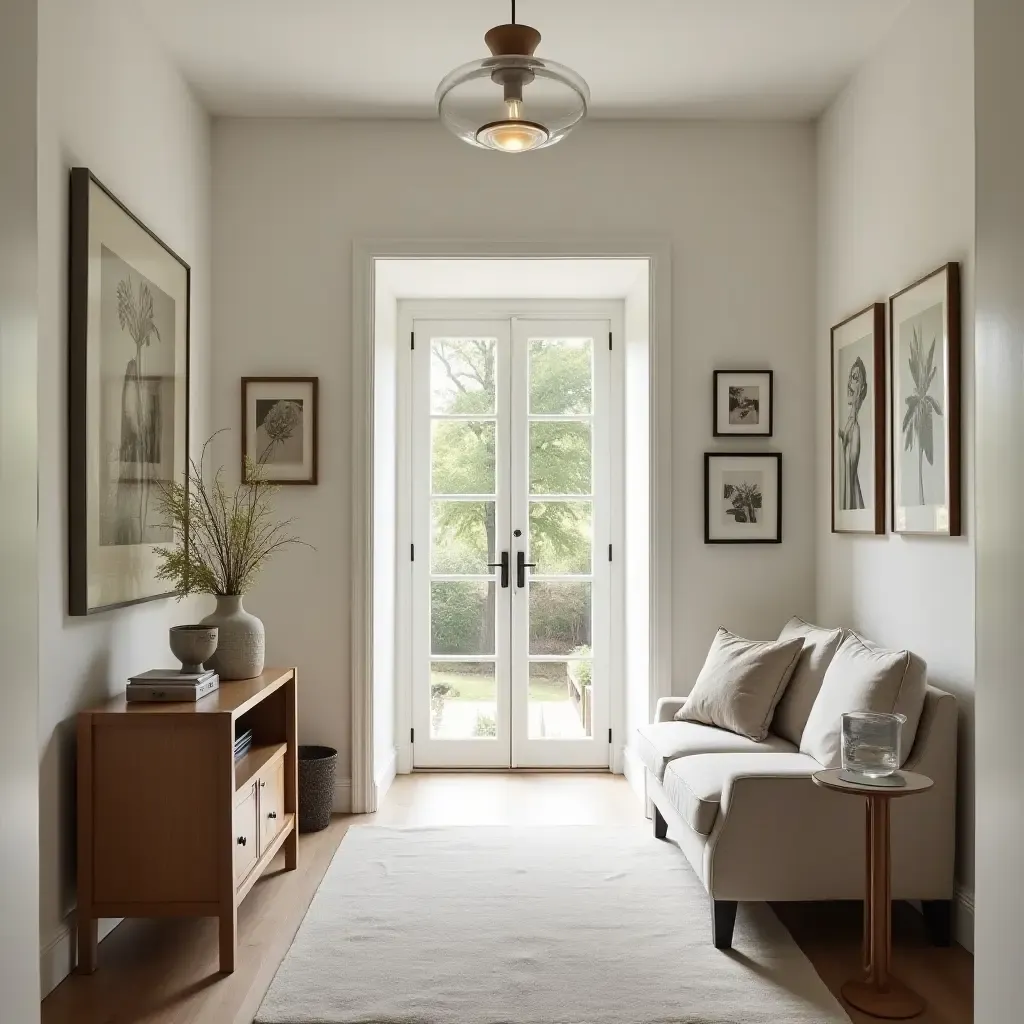 a photo of a cozy hallway with a gallery wall and comfortable furnishings