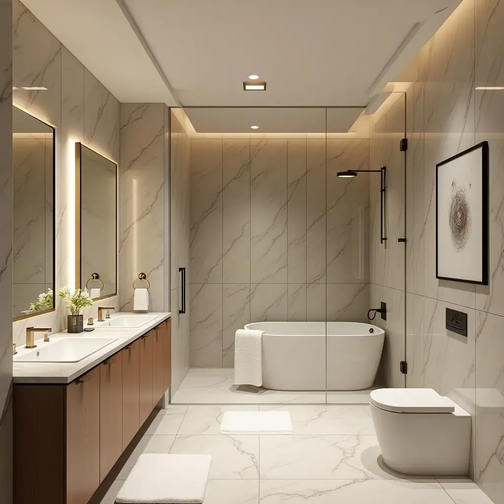 a photo of a luxurious bathroom with metallic accents and plush textiles