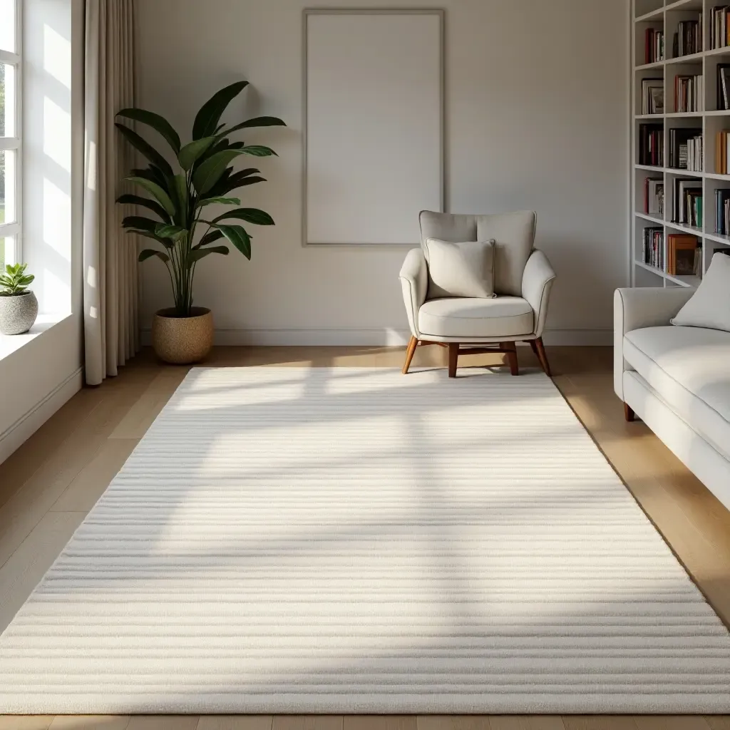 a photo of a neutral-toned rug with subtle stripes in a minimalist library