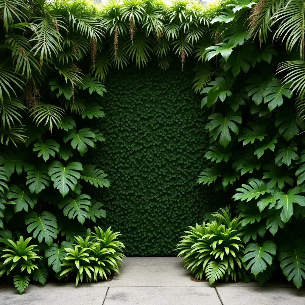 a photo of a tropical-themed garden wall with lush green foliage