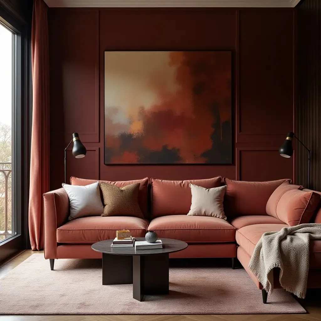 a photo of an elegant living room featuring a rich jewel-toned accent wall and luxurious fabrics