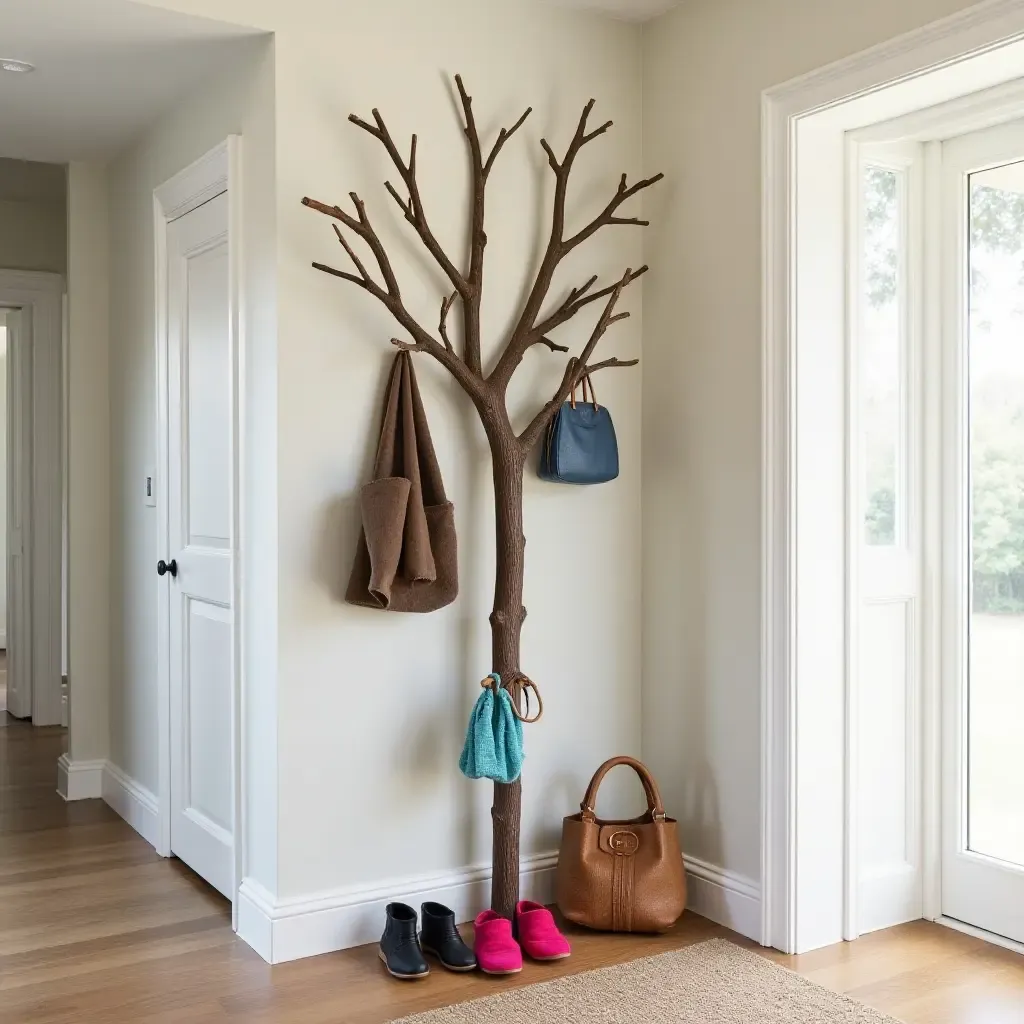 a photo of an entrance hall featuring a whimsical tree branch coat rack and colorful shoes