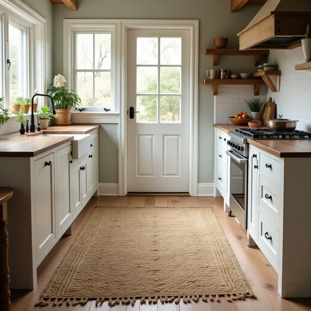 a photo of a rustic kitchen featuring a woven jute rug