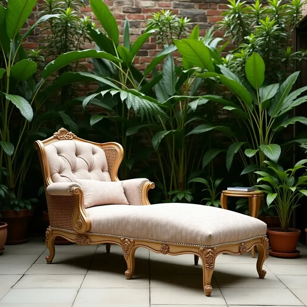 a photo of a classic chaise lounge surrounded by tropical plants