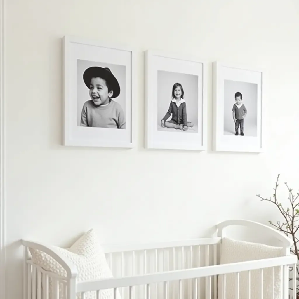 a photo of a nursery gallery wall featuring black and white photography