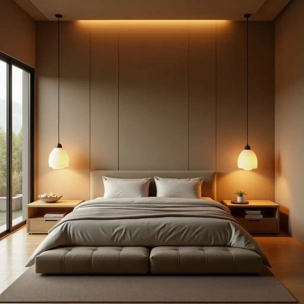 a photo of a zen bedroom with soft pendant lighting creating a calming atmosphere