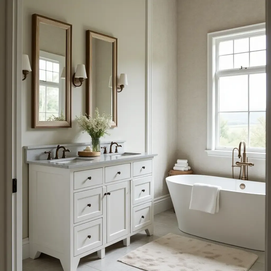 a photo of a stylish bathroom combining modern cabinetry and vintage hardware