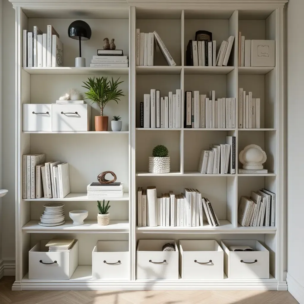 a photo of a stylish library featuring clear storage bins for organization