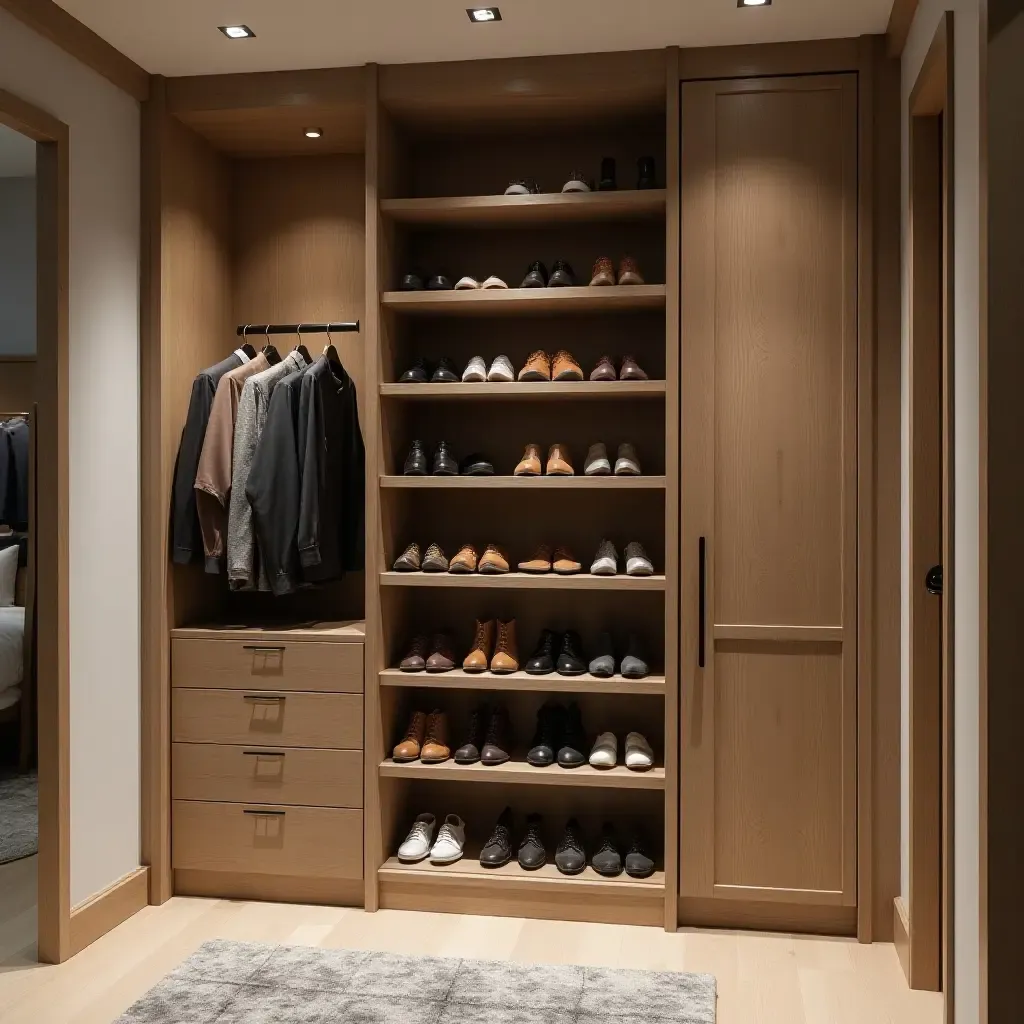 a photo of a basement featuring a modern shoe storage solution