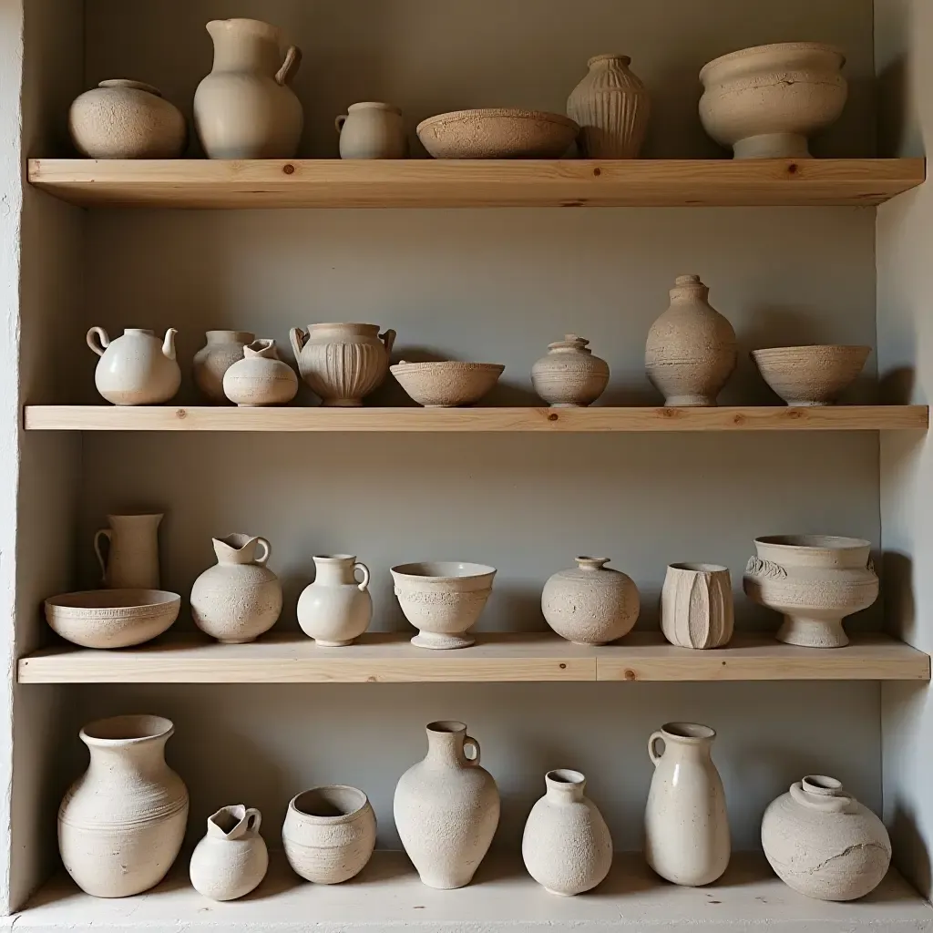 a photo of open shelving displaying a collection of artisanal pottery and crafts